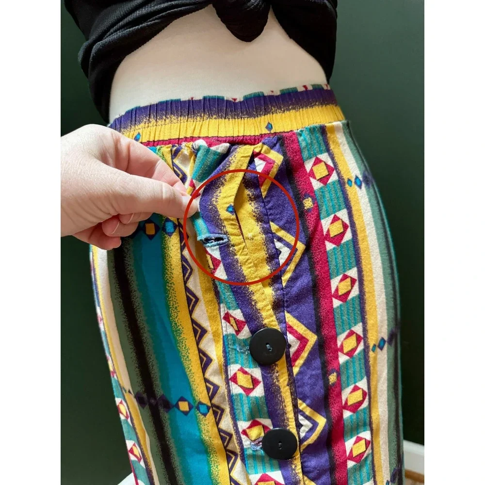 Vintage Button Front Colorful Print Elastic‎ Waist Midi Skirt